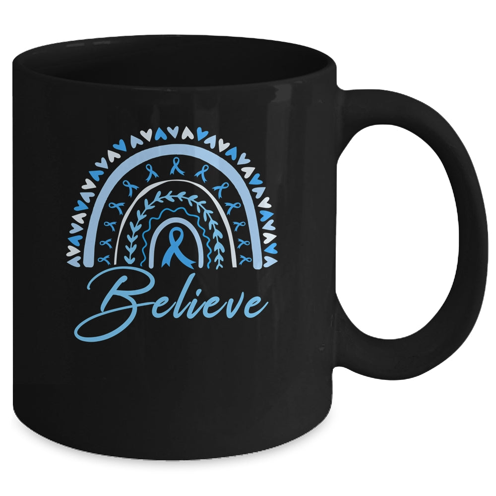 Believe Rainbow Colon Cancer Awareness Blue Ribbon Mug | siriusteestore