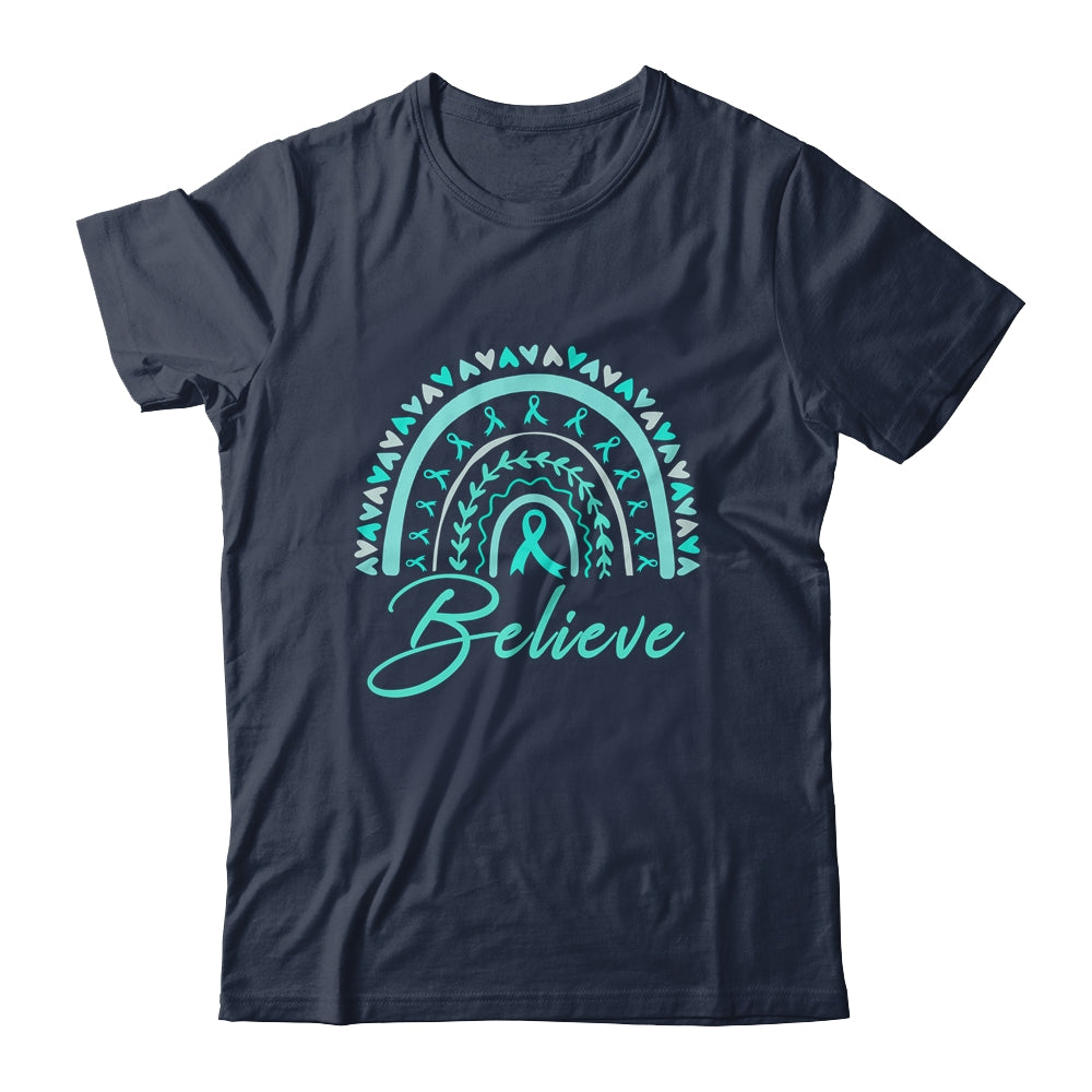 Believe Rainbow Ovarian Cancer Awareness Teal Ribbon Shirt & Tank Top | siriusteestore