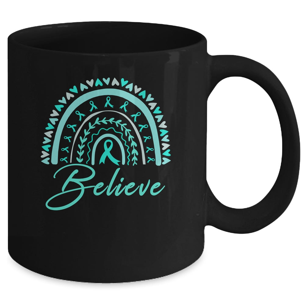 Believe Rainbow Ovarian Cancer Awareness Teal Ribbon Mug | siriusteestore