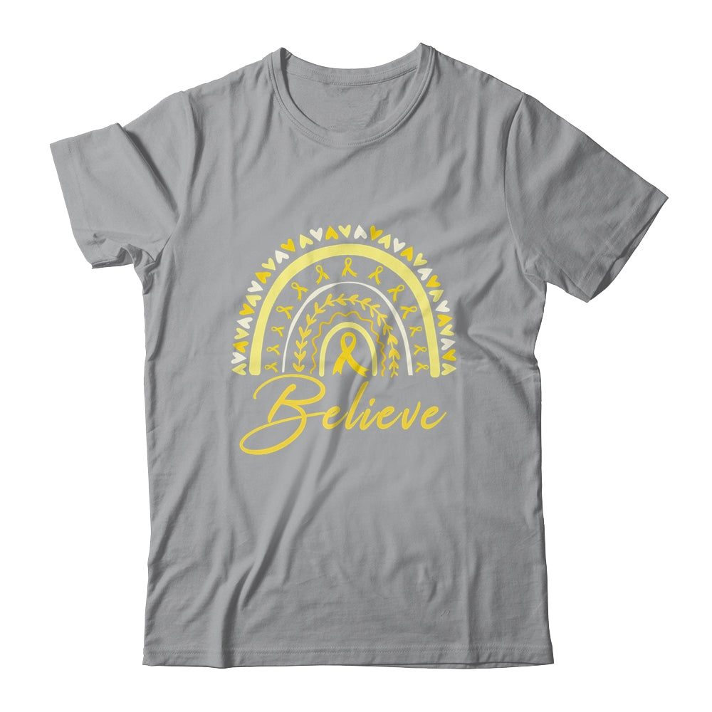 Believe Rainbow Sarcoma Awareness Yellow Ribbon Shirt & Tank Top | siriusteestore