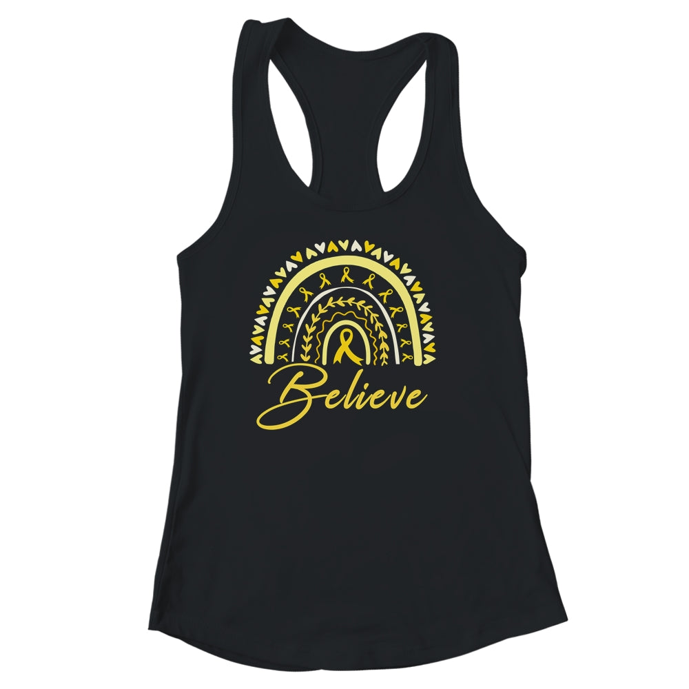 Believe Rainbow Sarcoma Awareness Yellow Ribbon Shirt & Tank Top | siriusteestore