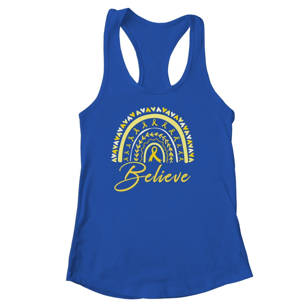 Believe Rainbow Sarcoma Awareness Yellow Ribbon Shirt & Tank Top | siriusteestore