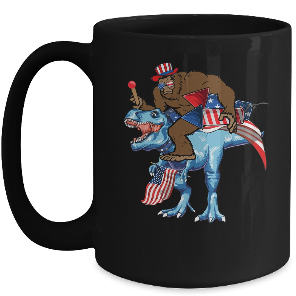 Bigfoot riding Dinosaur USA Flag 4th Of July America Mug | siriusteestore