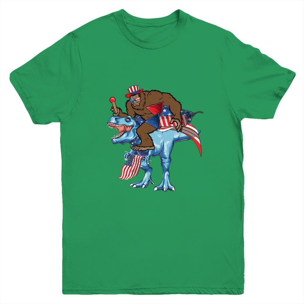 Bigfoot riding Dinosaur USA Flag 4th Of July America Youth Shirt | siriusteestore