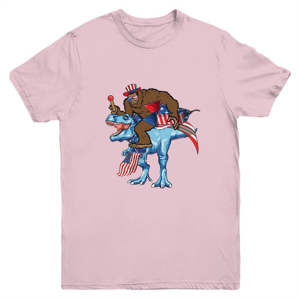 Bigfoot riding Dinosaur USA Flag 4th Of July America Youth Shirt | siriusteestore