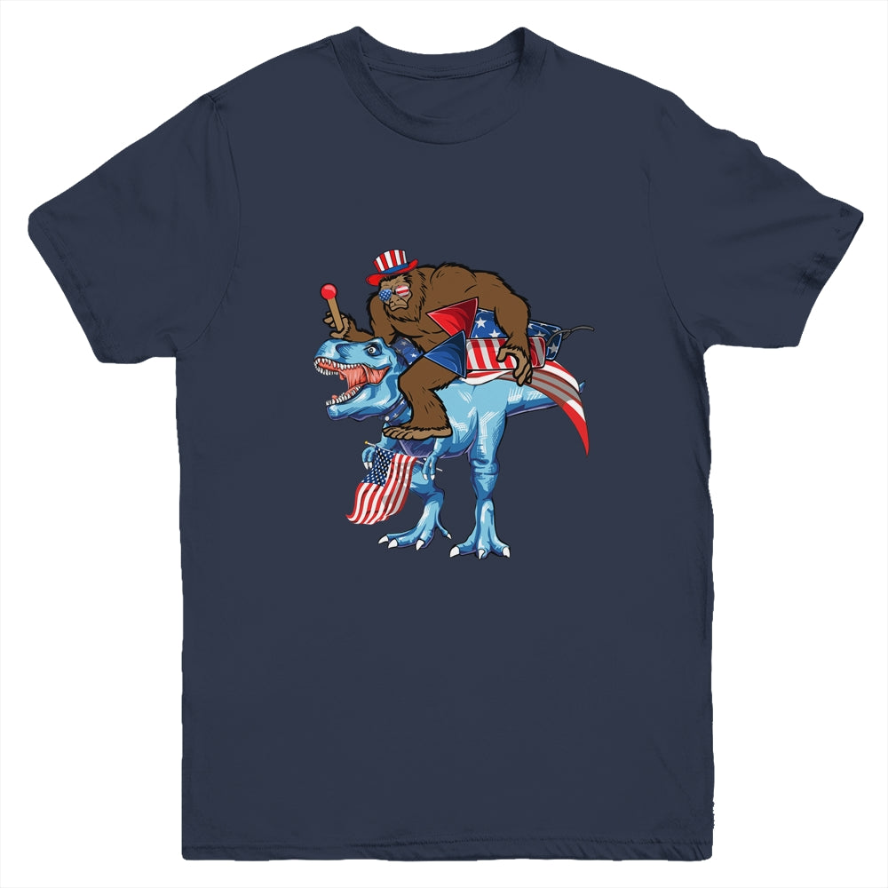 Bigfoot riding Dinosaur USA Flag 4th Of July America Youth Shirt | siriusteestore
