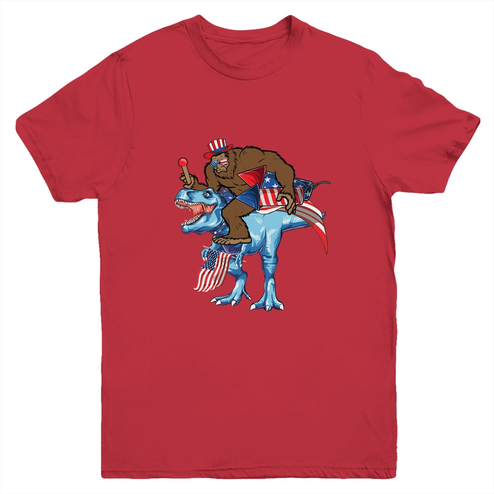 Bigfoot riding Dinosaur USA Flag 4th Of July America Youth Shirt | siriusteestore