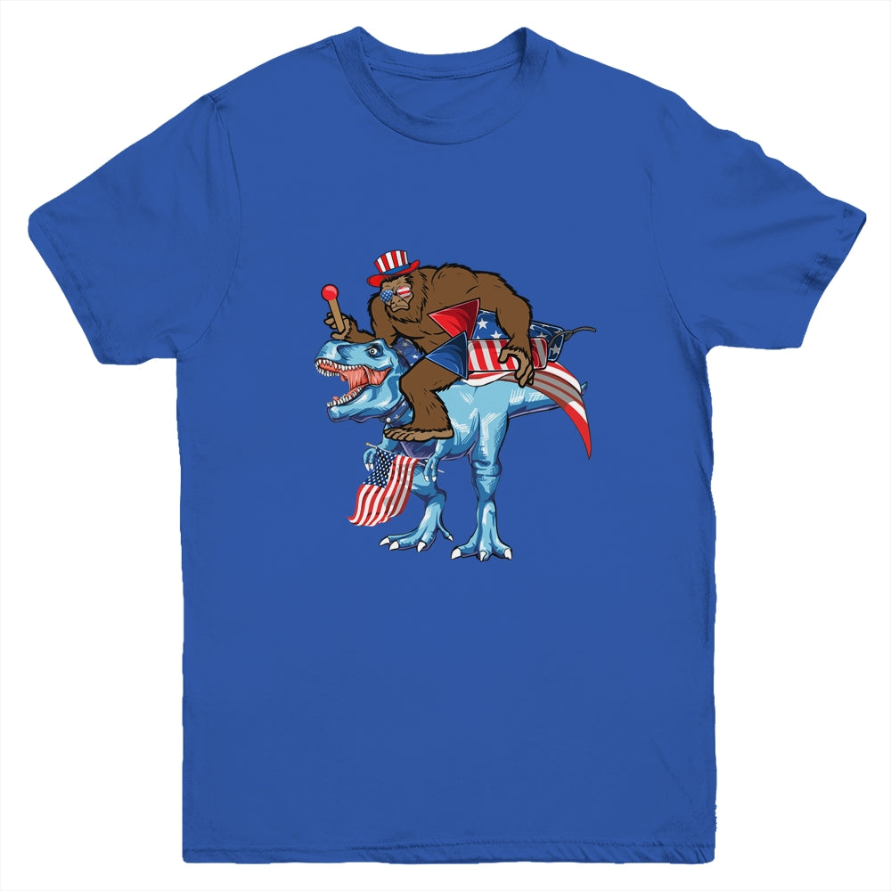 Bigfoot riding Dinosaur USA Flag 4th Of July America Youth Shirt | siriusteestore