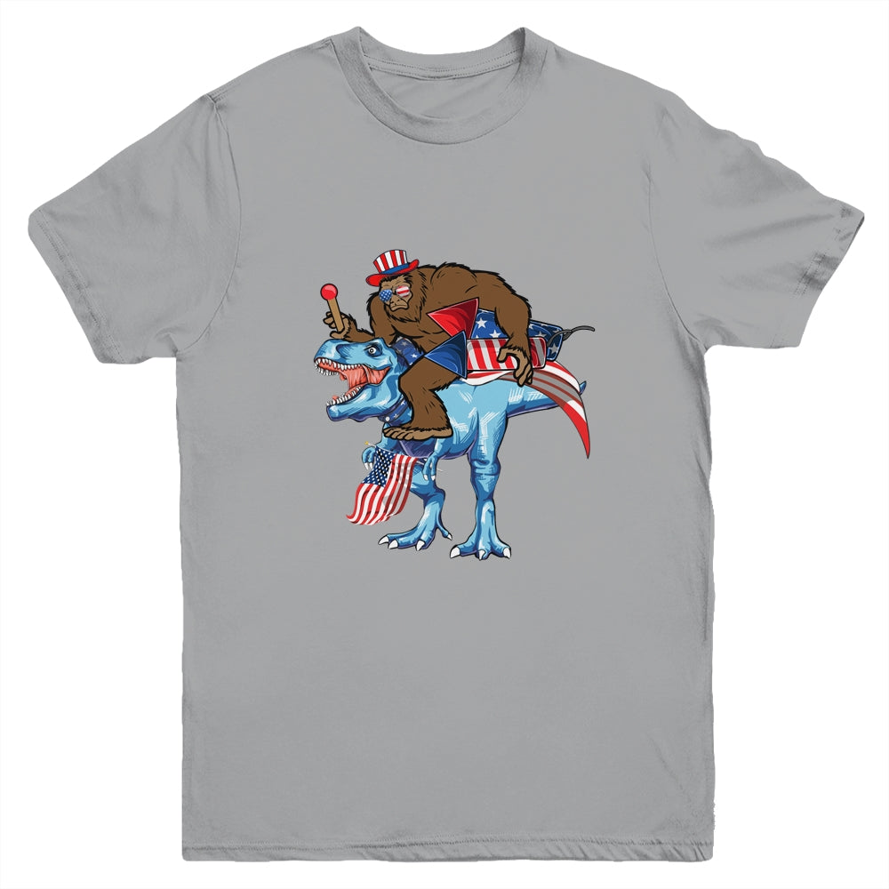 Bigfoot riding Dinosaur USA Flag 4th Of July America Youth Shirt | siriusteestore