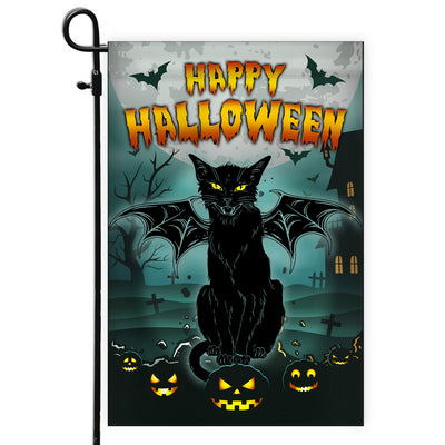 Black Cat Bat Wing Halloween Flag Pumpkin Seasonal Spooky Happy Halloween | siriusteestore