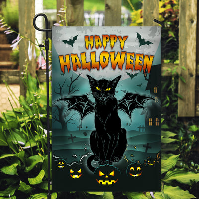 Black Cat Bat Wing Halloween Flag Pumpkin Seasonal Spooky Happy Halloween | siriusteestore
