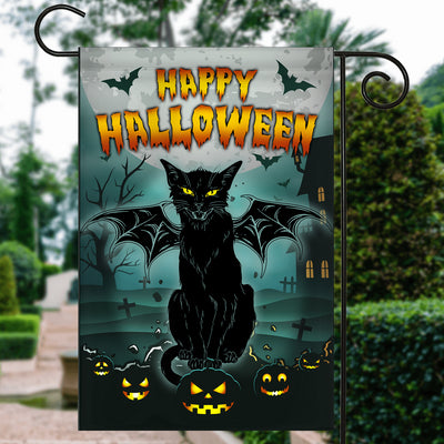 Black Cat Bat Wing Halloween Flag Pumpkin Seasonal Spooky Happy Halloween | siriusteestore