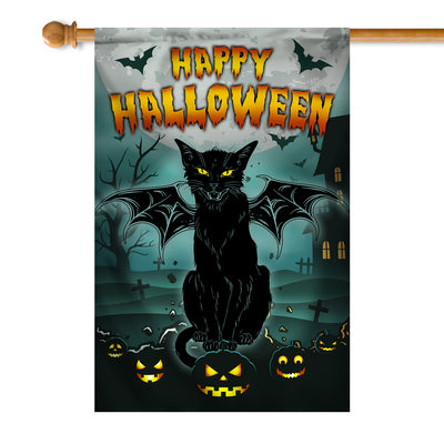 Black Cat Bat Wing Halloween Flag Pumpkin Seasonal Spooky Happy Halloween | siriusteestore