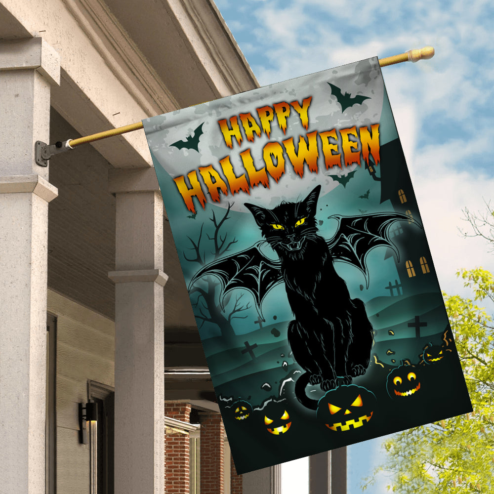 Black Cat Bat Wing Halloween Flag Pumpkin Seasonal Spooky Happy Halloween | siriusteestore