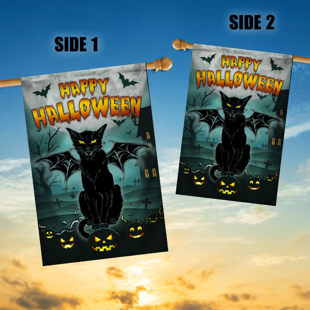 Black Cat Bat Wing Halloween Flag Pumpkin Seasonal Spooky Happy Halloween | siriusteestore