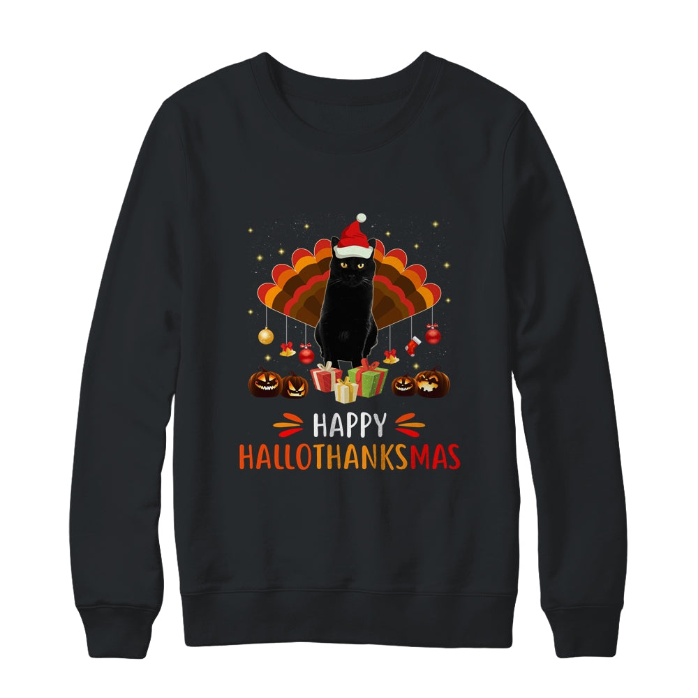 Black Cat Halloween Thanksgiving Christmas Hallothanksmas Shirt & Sweatshirt | siriusteestore