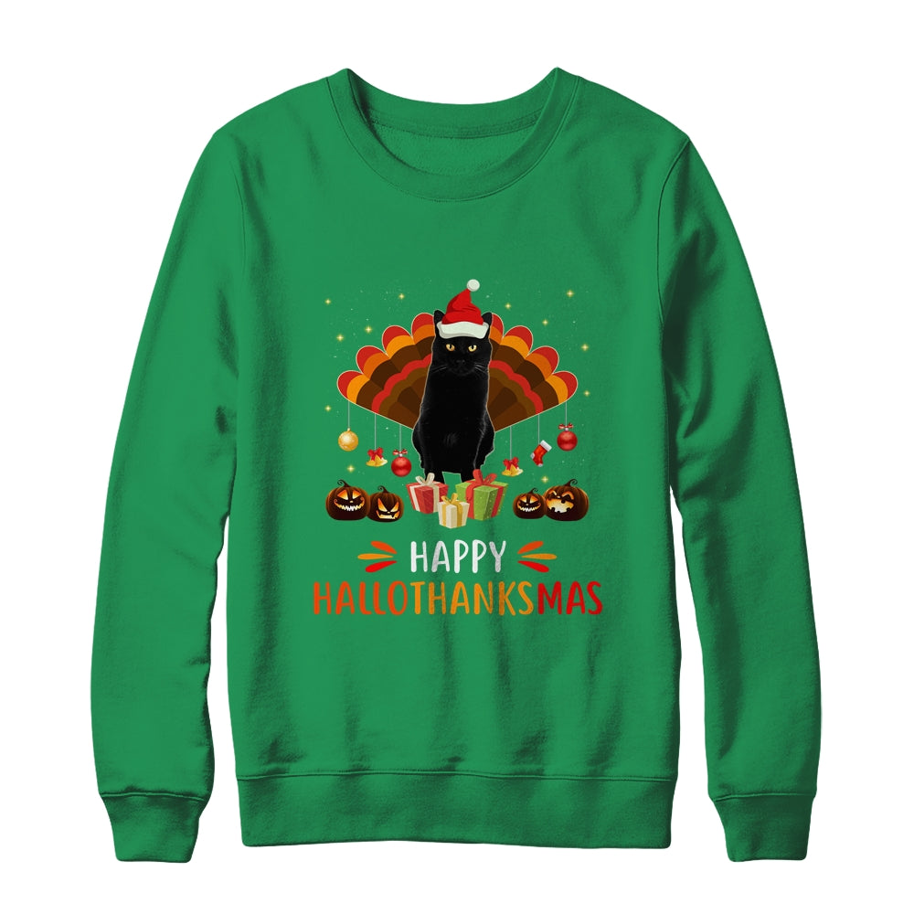 Black Cat Halloween Thanksgiving Christmas Hallothanksmas Shirt & Sweatshirt | siriusteestore