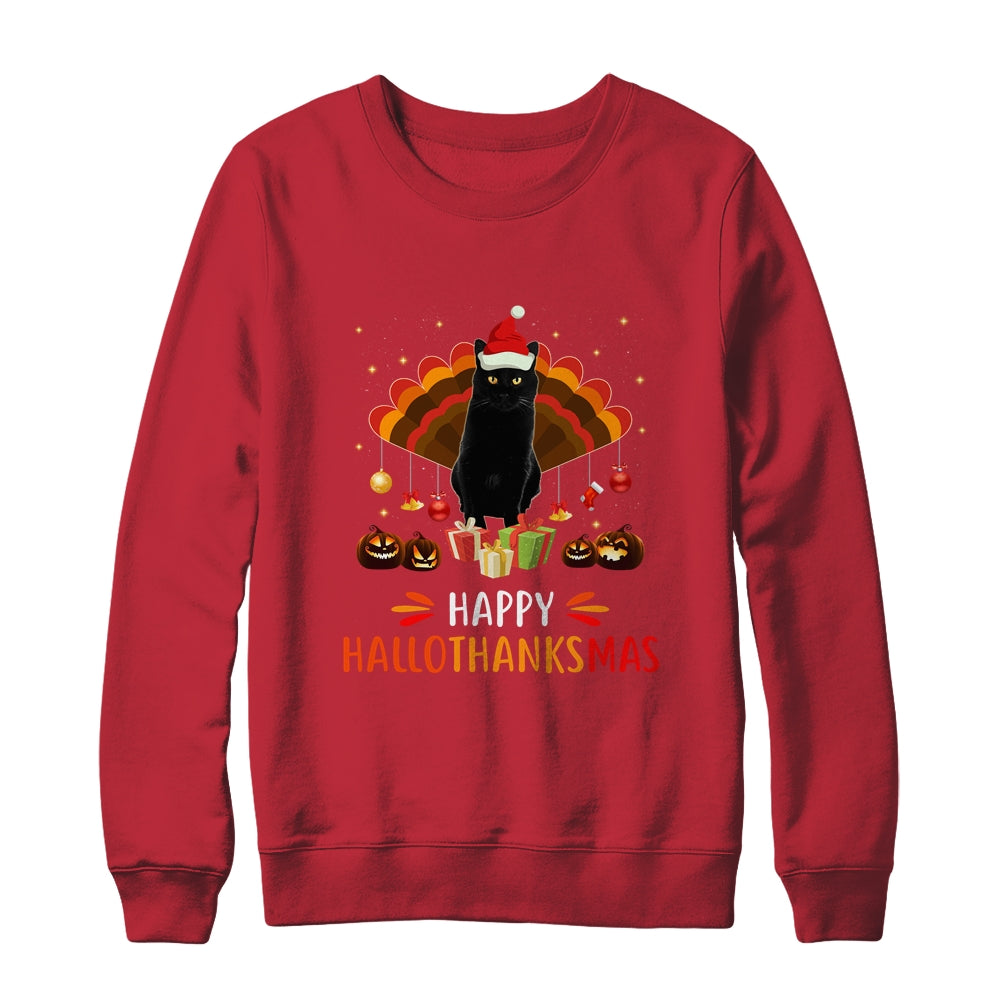 Black Cat Halloween Thanksgiving Christmas Hallothanksmas Shirt & Sweatshirt | siriusteestore