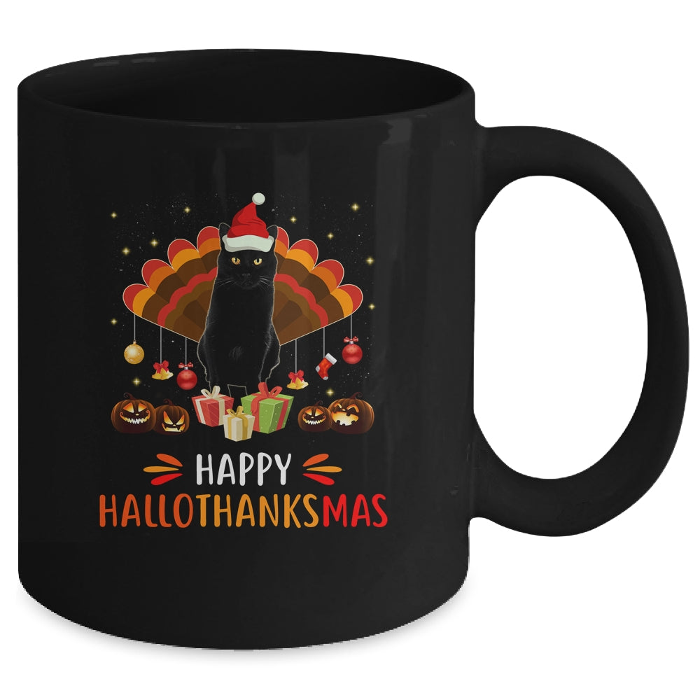 Black Cat Halloween Thanksgiving Christmas Hallothanksmas Mug | siriusteestore