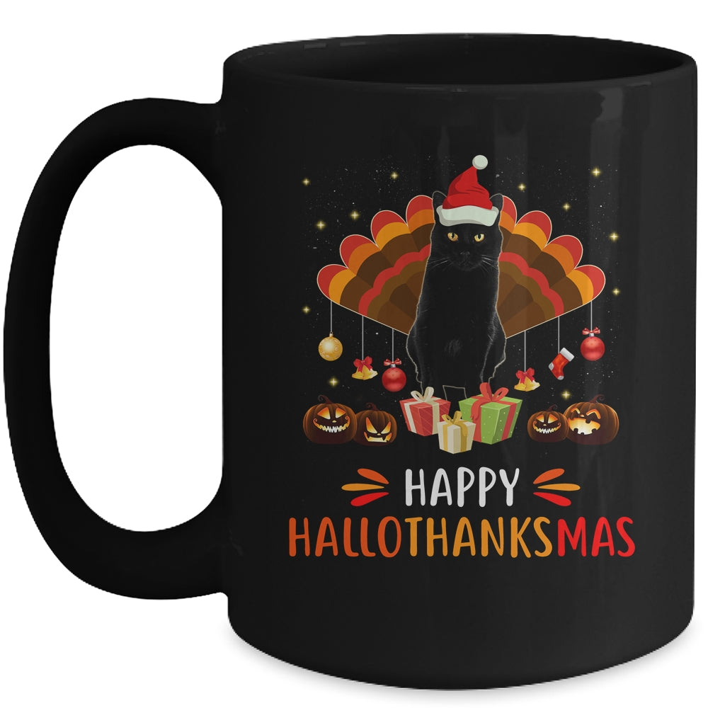 Black Cat Halloween Thanksgiving Christmas Hallothanksmas Mug | siriusteestore