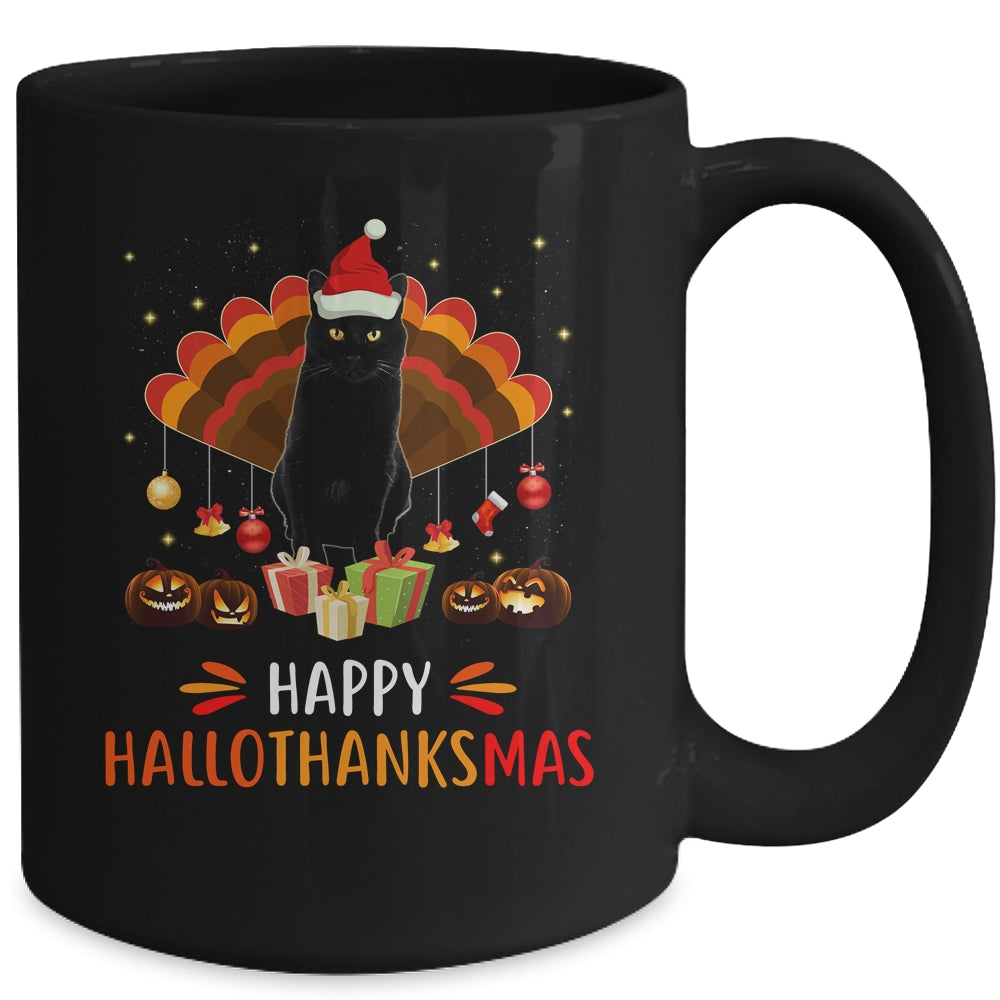 Black Cat Halloween Thanksgiving Christmas Hallothanksmas Mug | siriusteestore