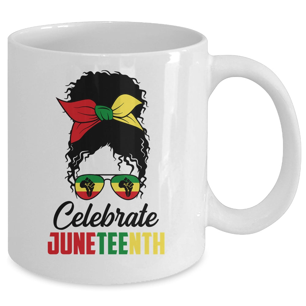 Black Women Messy Bun Hair Juneteenth Independence Day Mug | siriusteestore