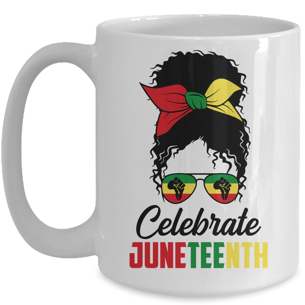 Black Women Messy Bun Hair Juneteenth Independence Day Mug | siriusteestore