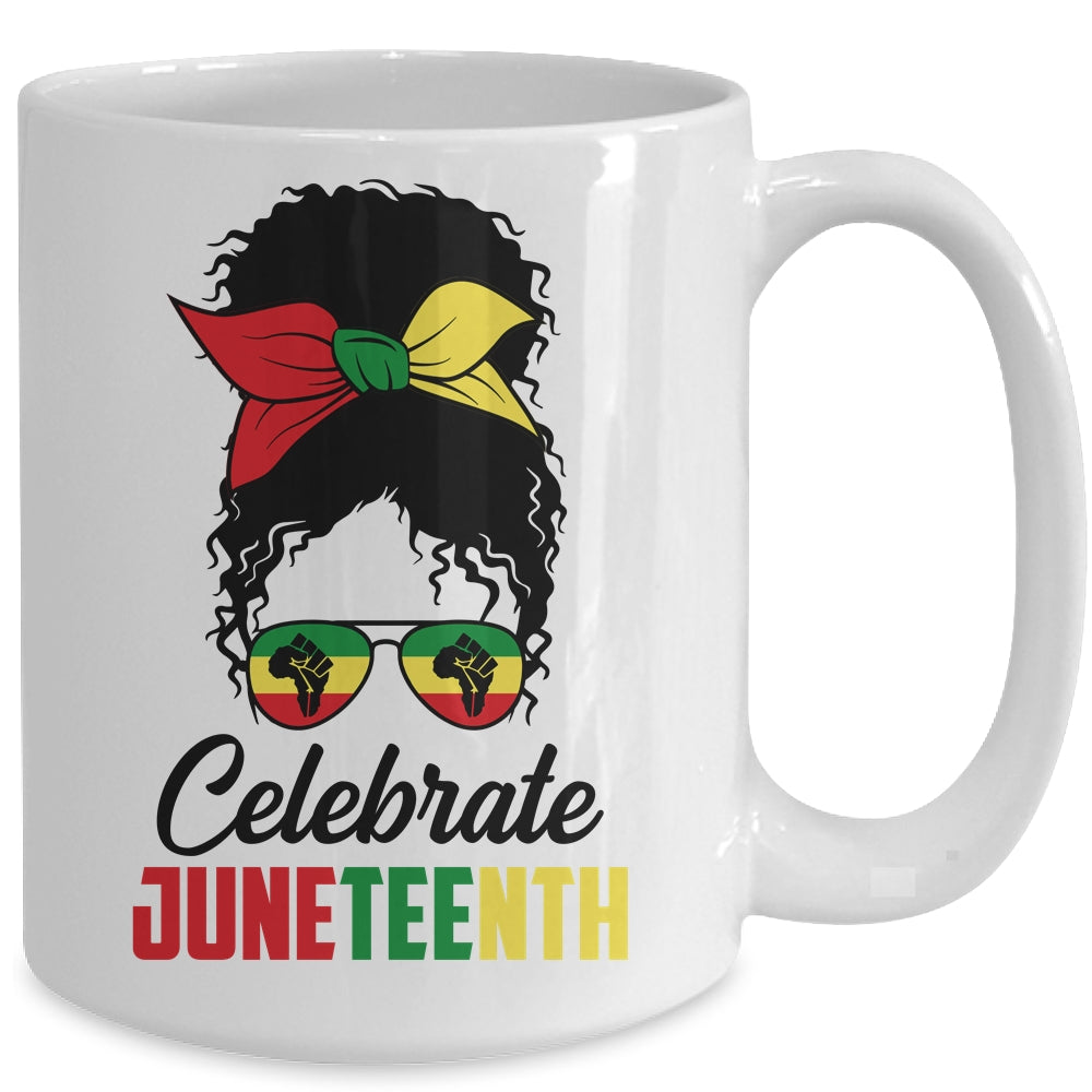 Black Women Messy Bun Hair Juneteenth Independence Day Mug | siriusteestore