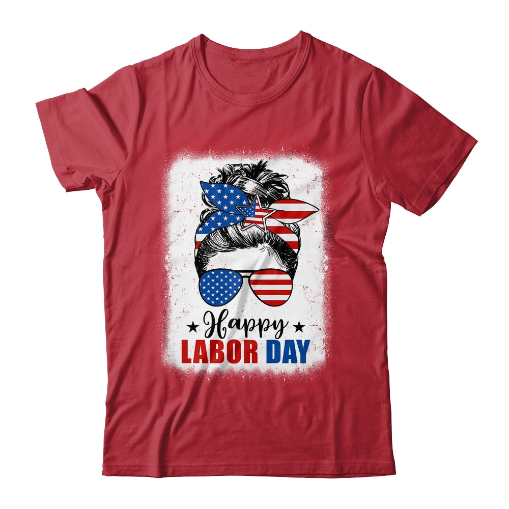Bleached American Flag Happy Labor Day Messy Bun Hair Shirt & Tank Top | siriusteestore