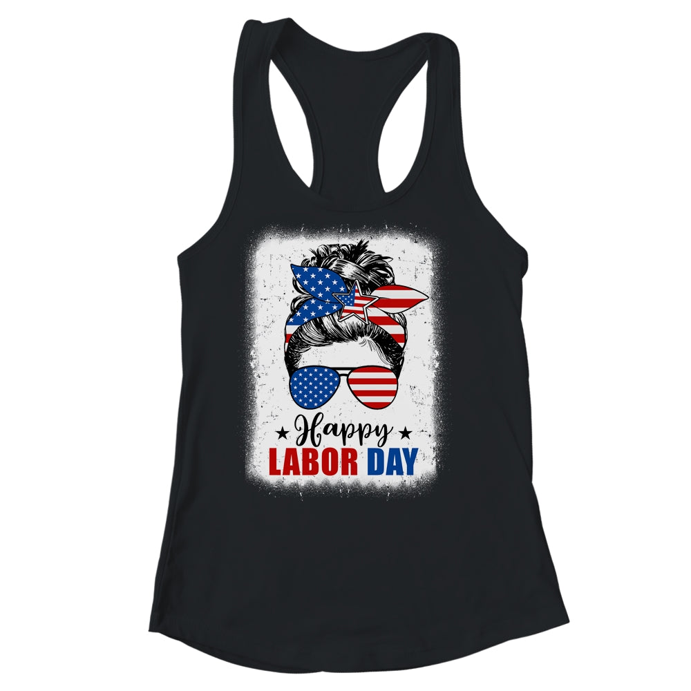 Bleached American Flag Happy Labor Day Messy Bun Hair Shirt & Tank Top | siriusteestore