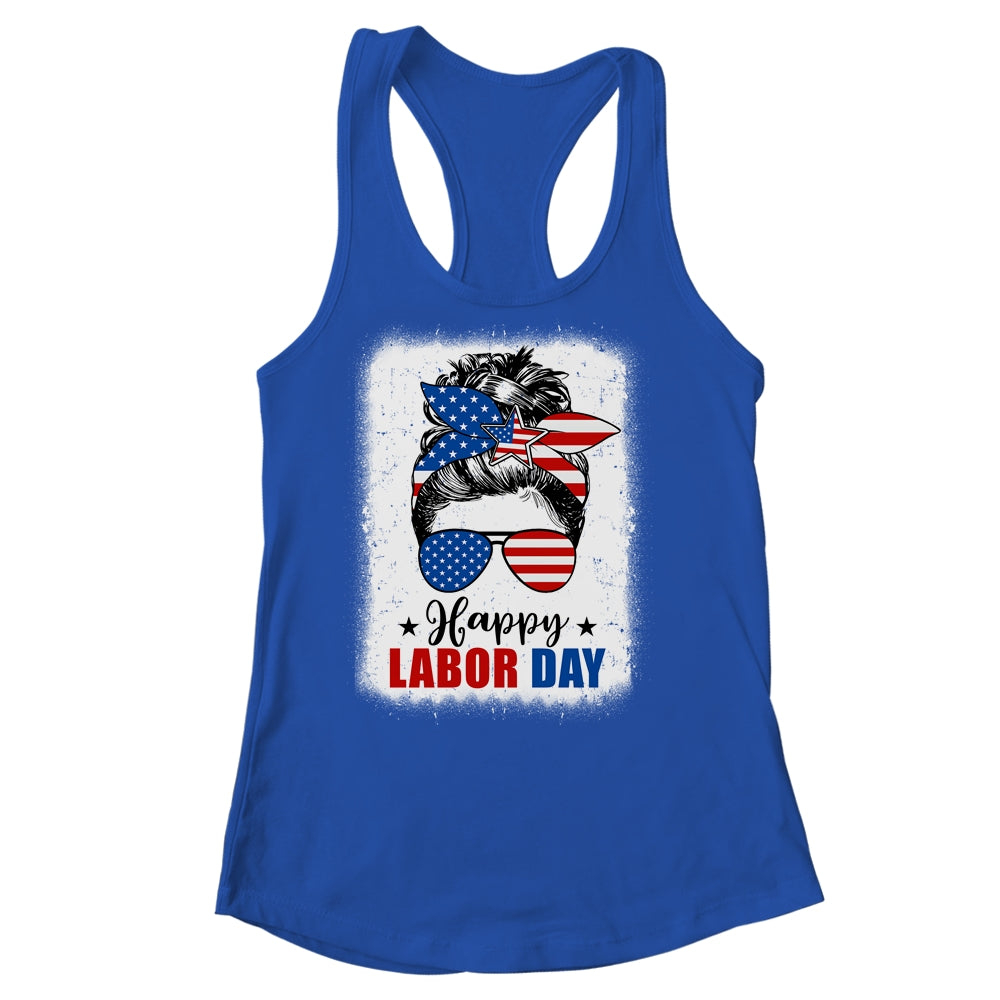 Bleached American Flag Happy Labor Day Messy Bun Hair Shirt & Tank Top | siriusteestore