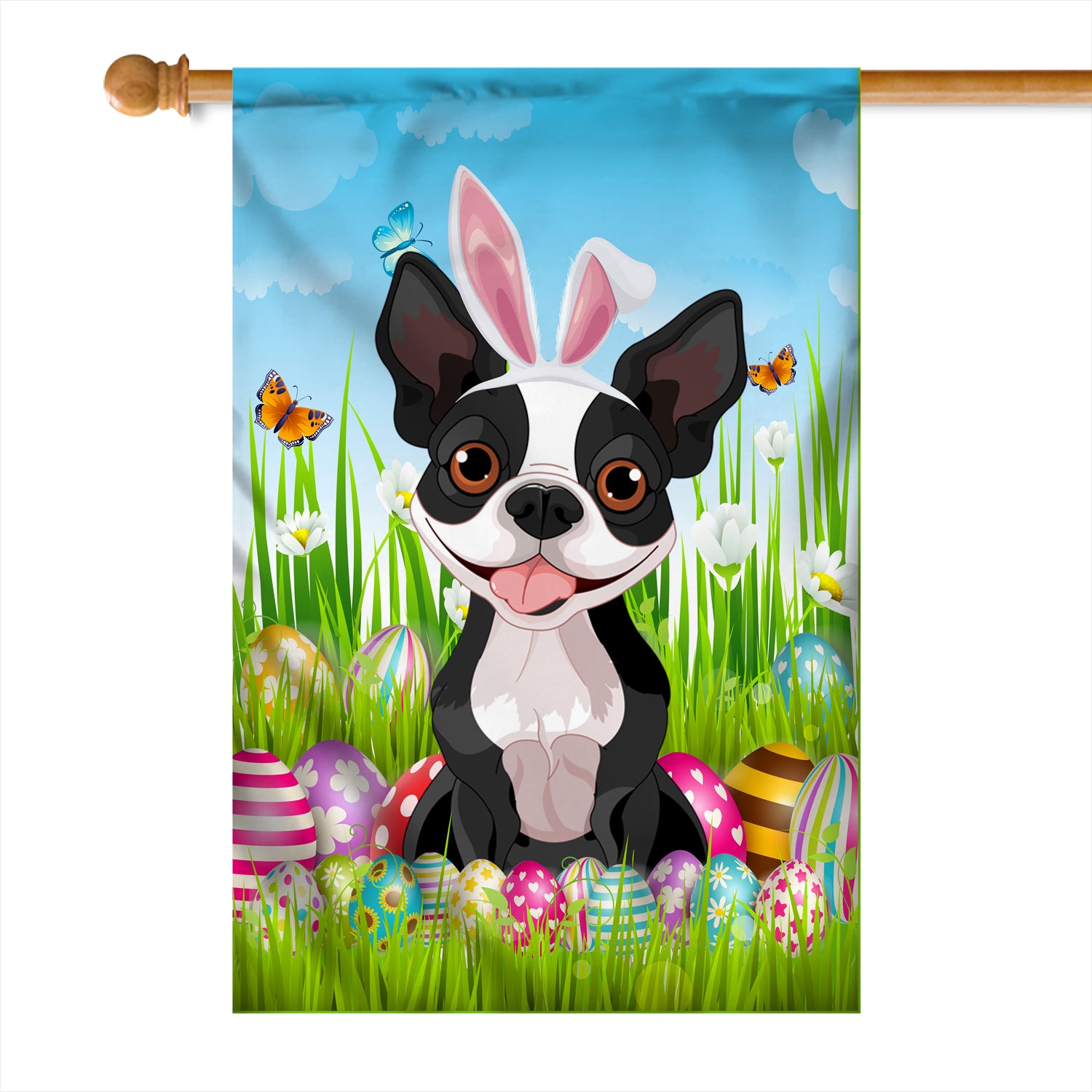 Boston Terrier Happy Easter Day Holiday Flag Funny Dog Dog Wear Bunny Ears Headband Cute for Home Decor | siriusteestore