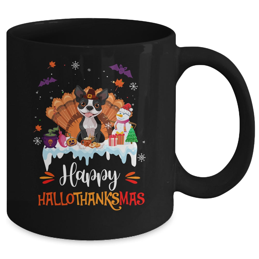 Boston Terrier Happy HalloThanksMas Halloween Christmas Mug | siriusteestore
