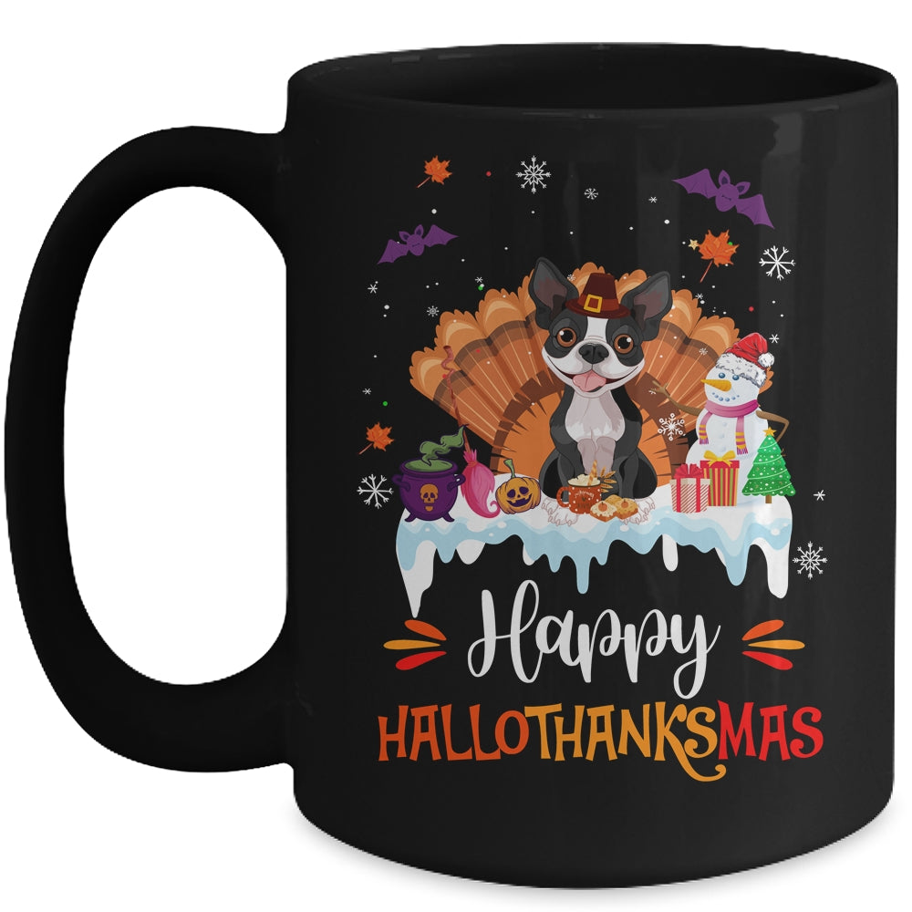 Boston Terrier Happy HalloThanksMas Halloween Christmas Mug | siriusteestore
