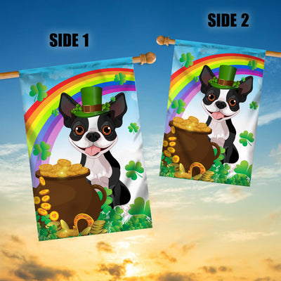 Boston Terrier St Patrick's Day Dog Flag Funny Peeking Dog Wear Green Hat Golden Pot Coin Shamrock Rainbow Spring Banner for Home Decor | siriusteestore