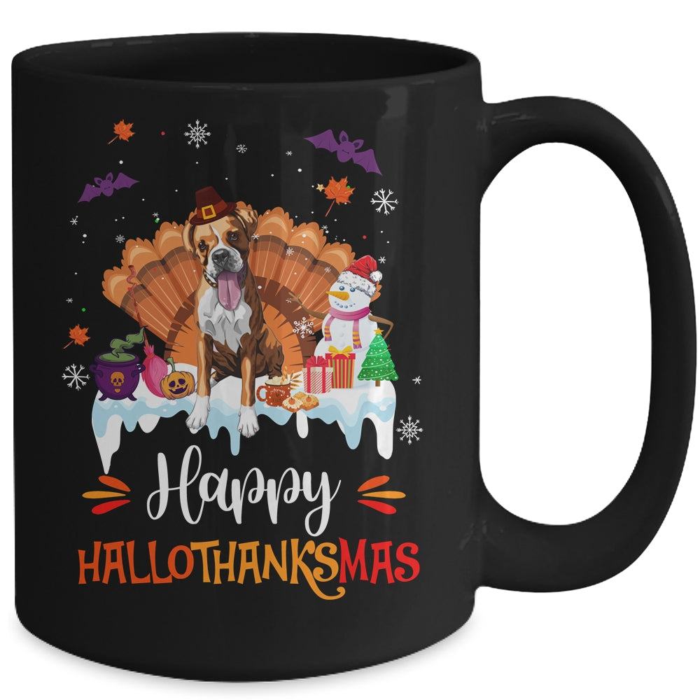 Boxer Happy HalloThanksMas Halloween Thanksgiving Christmas Mug | siriusteestore