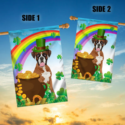 Boxer St Patrick's Day Dog Flag Funny Peeking Dog Wear Green Hat Golden Pot Coin Shamrock Rainbow Spring Banner for Home Decor | siriusteestore