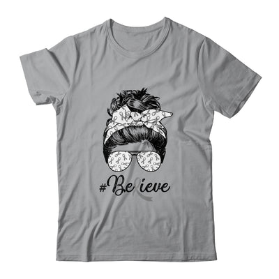 Brain Cancer Awareness Messy Bun Warrior Believe Grey Ribbon Shirt & Tank Top | siriusteestore