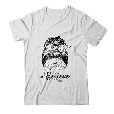 Brain Cancer Awareness Messy Bun Warrior Believe Grey Ribbon Shirt & Tank Top | siriusteestore