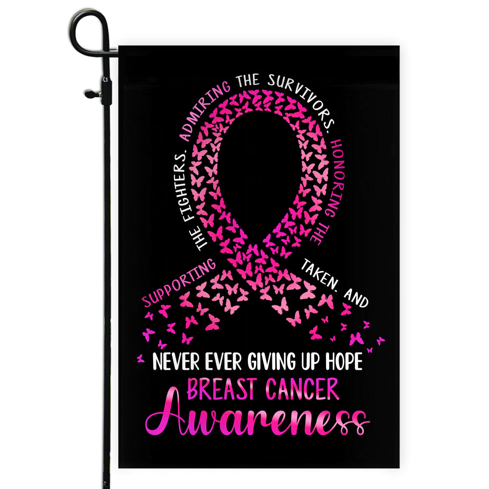 Breast Cancer Awareness Flag Never Ever Giving Up Hope Pink Ribbon Butterfly Farmhouse | siriusteestore