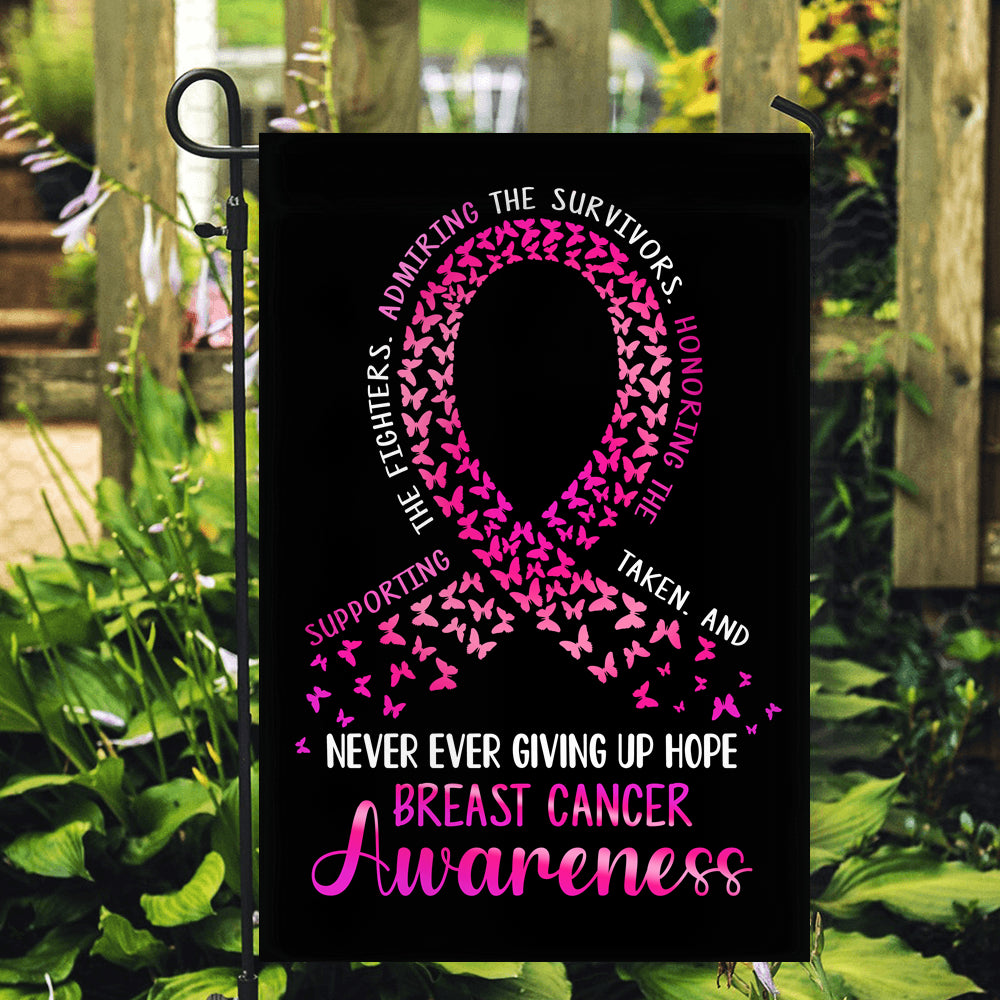 Breast Cancer Awareness Flag Never Ever Giving Up Hope Pink Ribbon Butterfly Farmhouse | siriusteestore