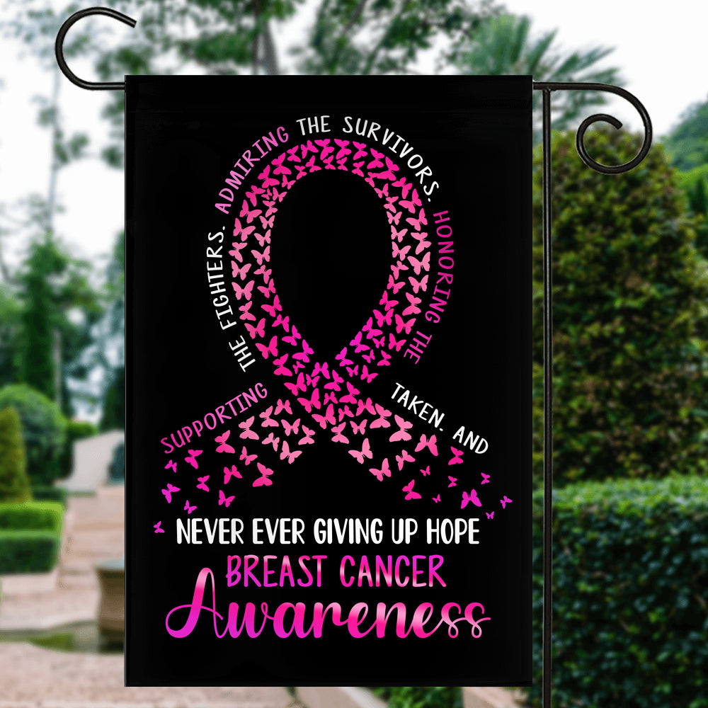 Breast Cancer Awareness Flag Never Ever Giving Up Hope Pink Ribbon Butterfly Farmhouse | siriusteestore