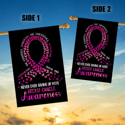 Breast Cancer Awareness Flag Never Ever Giving Up Hope Pink Ribbon Butterfly Farmhouse | siriusteestore