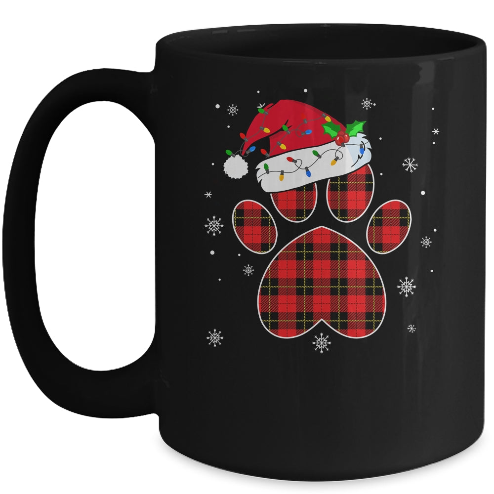 Buffalo Plaid Christmas Paw Dog With Santa Hat Lights Gift Mug | siriusteestore