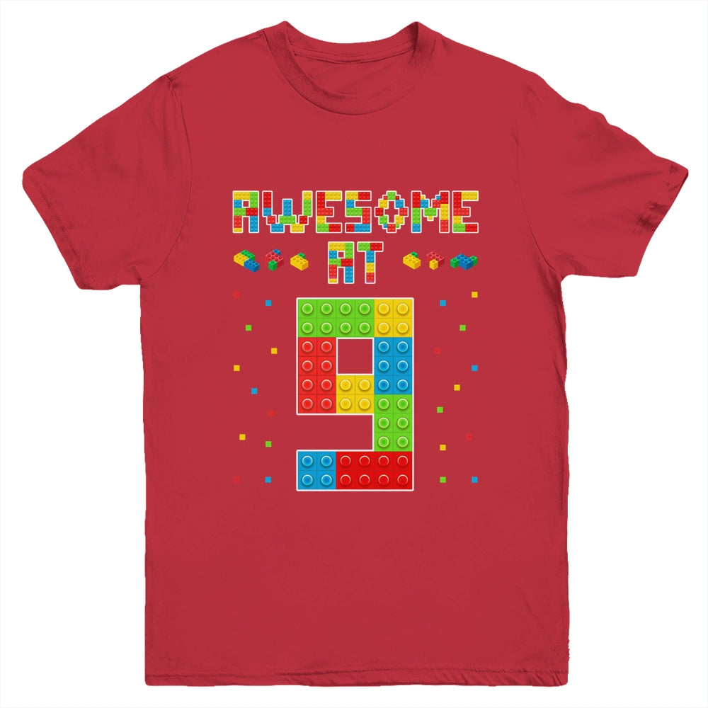 Building Blocks Bricks Awesome at 9 Years Old Birthday Boy Youth Shirt | siriusteestore