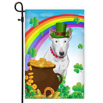 Bull Terrier St Patrick's Day Dog Flag Funny Peeking Dog Wear Green Hat Golden Pot Coin Shamrock Rainbow Spring Banner for Home Decor | siriusteestore