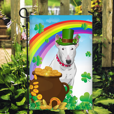 Bull Terrier St Patrick's Day Dog Flag Funny Peeking Dog Wear Green Hat Golden Pot Coin Shamrock Rainbow Spring Banner for Home Decor | siriusteestore