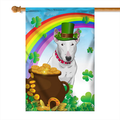 Bull Terrier St Patrick's Day Dog Flag Funny Peeking Dog Wear Green Hat Golden Pot Coin Shamrock Rainbow Spring Banner for Home Decor | siriusteestore