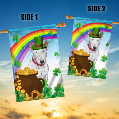 Bull Terrier St Patrick's Day Dog Flag Funny Peeking Dog Wear Green Hat Golden Pot Coin Shamrock Rainbow Spring Banner for Home Decor | siriusteestore