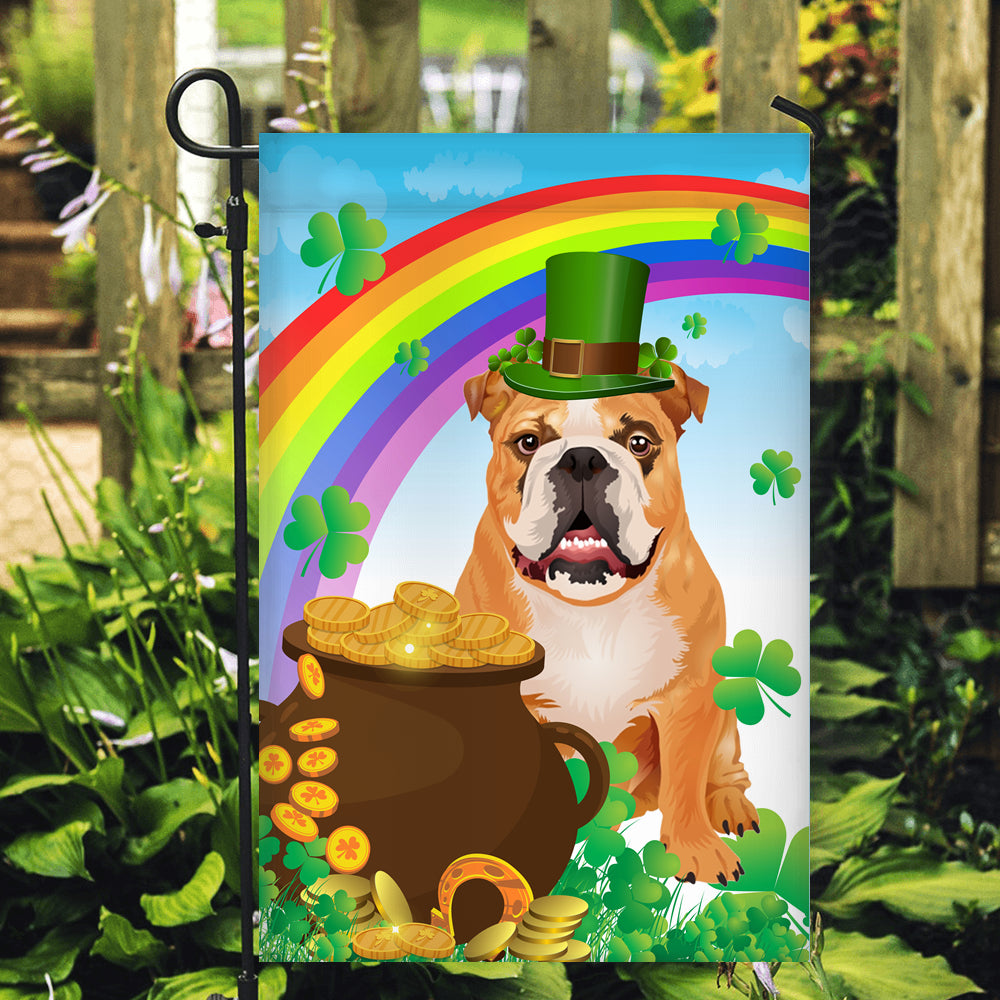 Bulldog St Patrick's Day Dog Flag Funny Peeking Dog Wear Green Hat Golden Pot Coin Shamrock Rainbow Spring Banner for Home Decor | siriusteestore